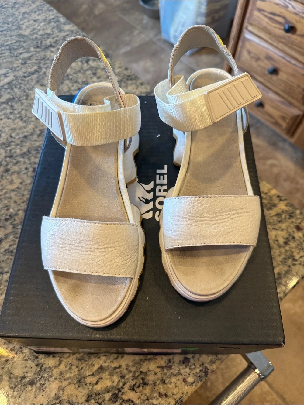 Sorel White Chunky Platform Sandals with Yellow Accent